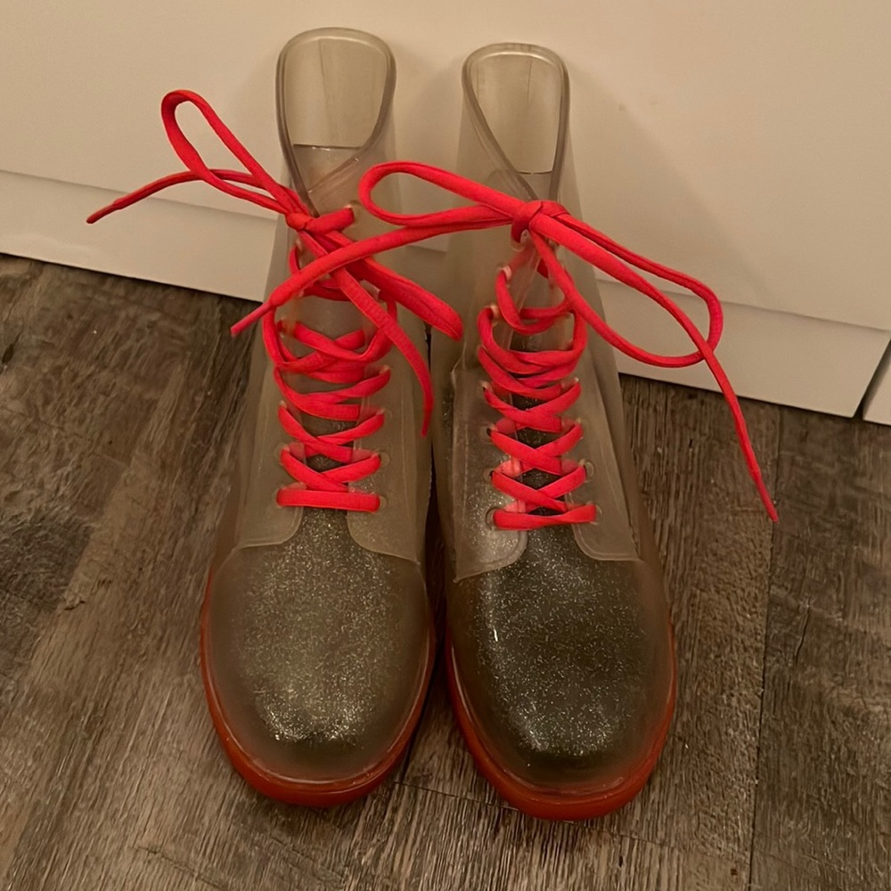 Clear/red rain boots